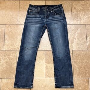 Men’s Buckle Black Cotton Blend Stretch Denim Bootcut Blue Jeans Size 34 X 32